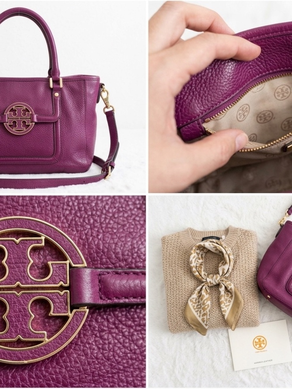 Tory Burch Amanda Purple Pebbled Leather 2-Way Satchel Crossbody Bag